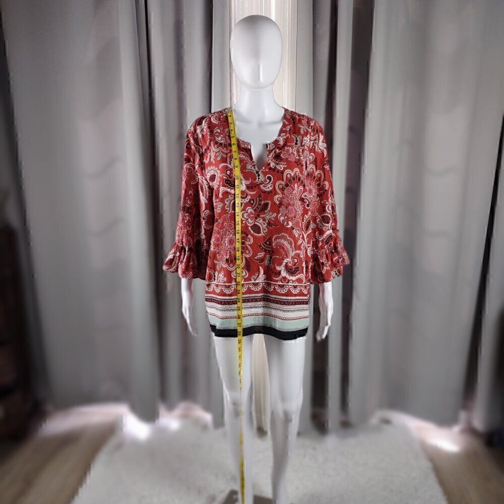 Ann Taylor Muted Red Clay Paisley Patterned Cotton Blend Bell Sleeve Top Size XL - Picture 5 of 12